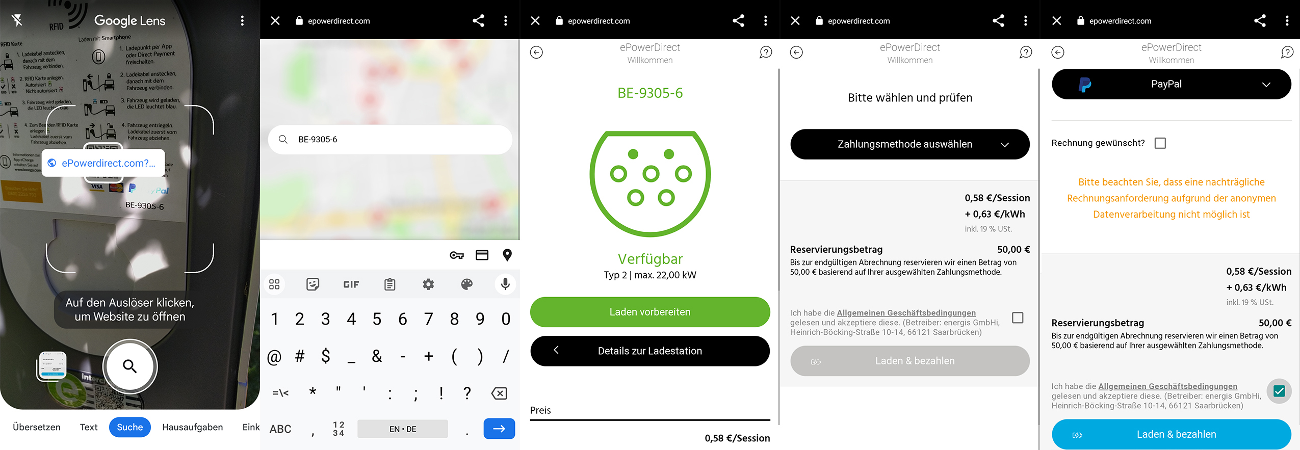 Screenshots showing the steps for direct payment